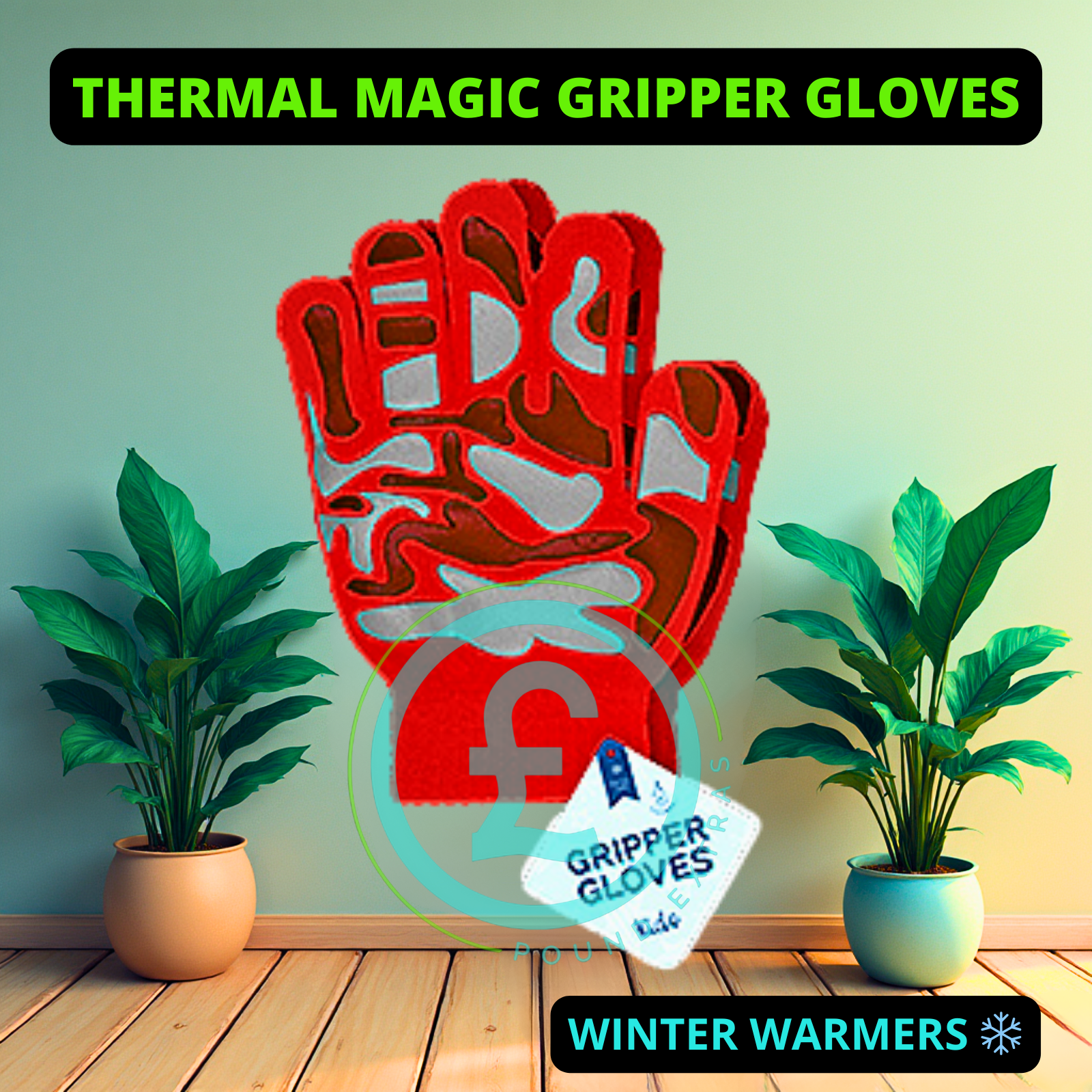 Red thermal magic gripper gloves with a brand logo on a light green background with plants.