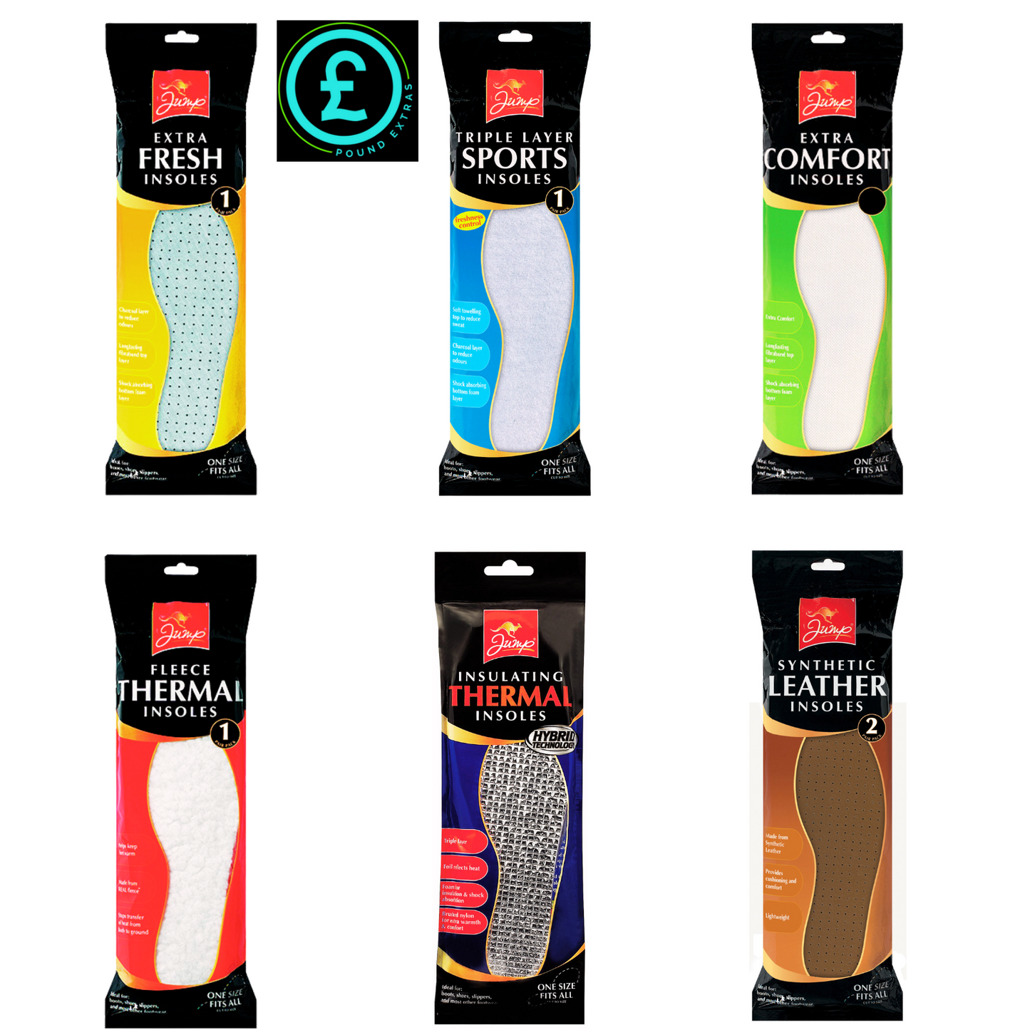 Packaging of different types of insoles with brand logo and product names.