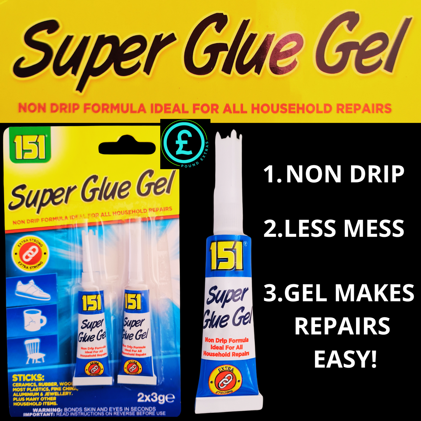 Super Glue Gel packaging with product and packaging displayed on a yellow and black background.