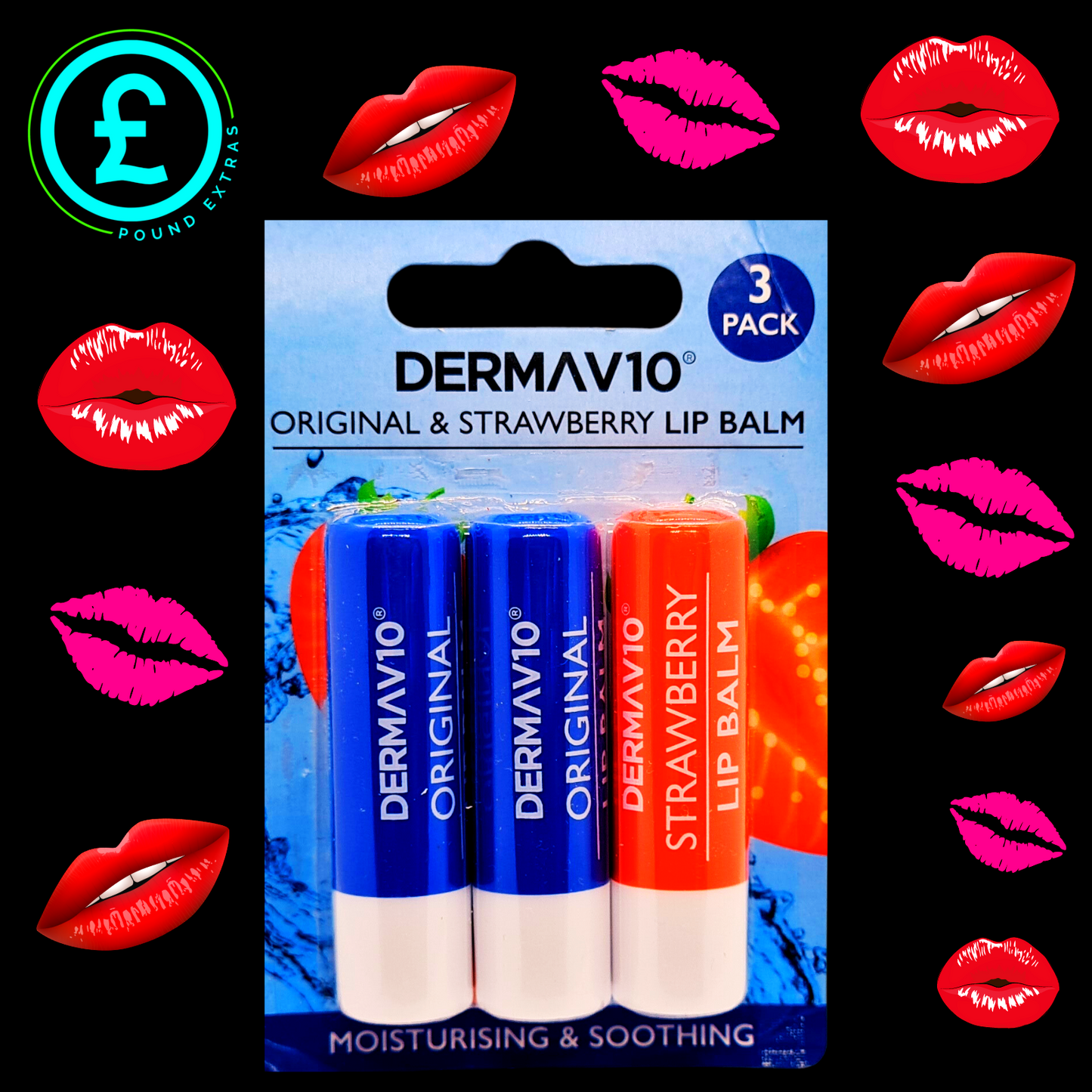 Lip Balm - Derma V10 Lip Balm  2 Original + 1 Strawberry - Skin Care X3 Pack4