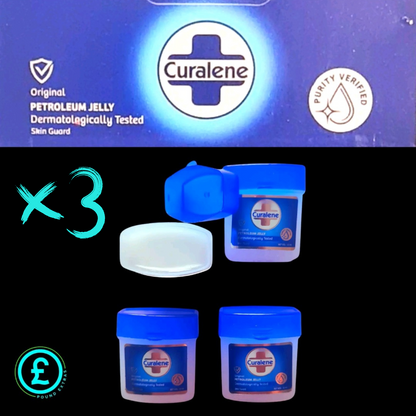 Curalene petroleum jelly packaging with three containers displayed below the brand logo.