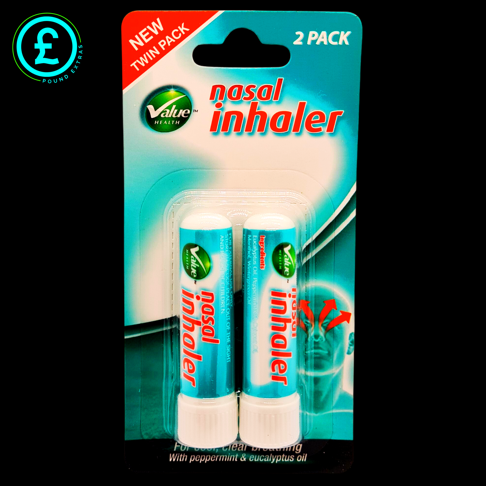 Nasal inhaler packaging with two inhalers and a clear plastic window on a blue background.