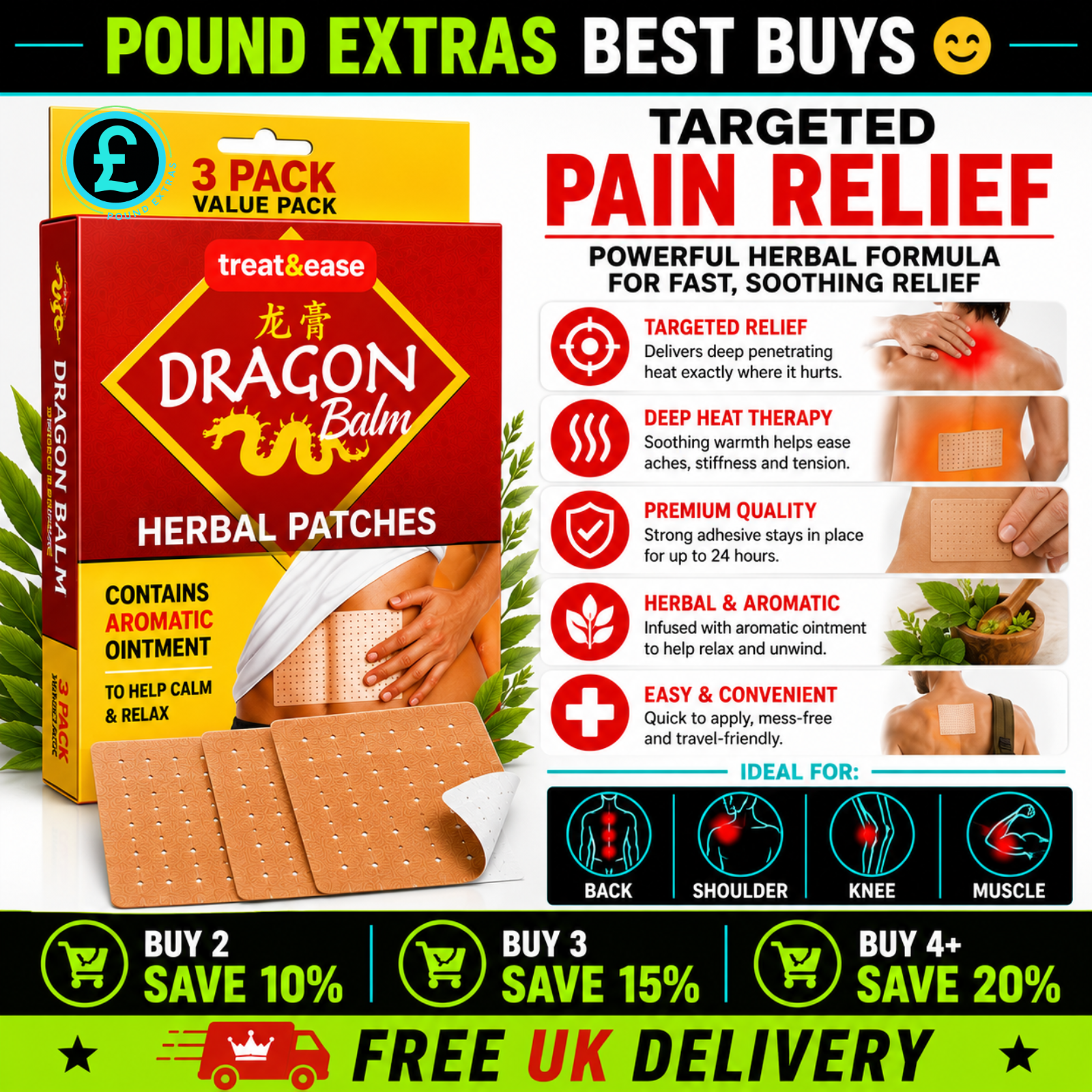 Dragon Balm Herbal Patches Pain Relief Heat Plaster Back Knee Muscle Deep Heat2