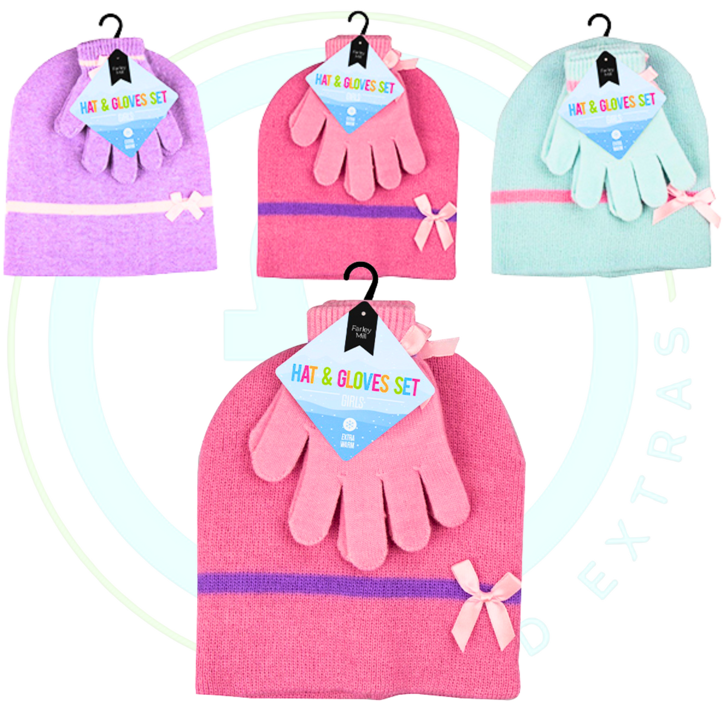 Set of colorful hats and gloves with bows on a white background