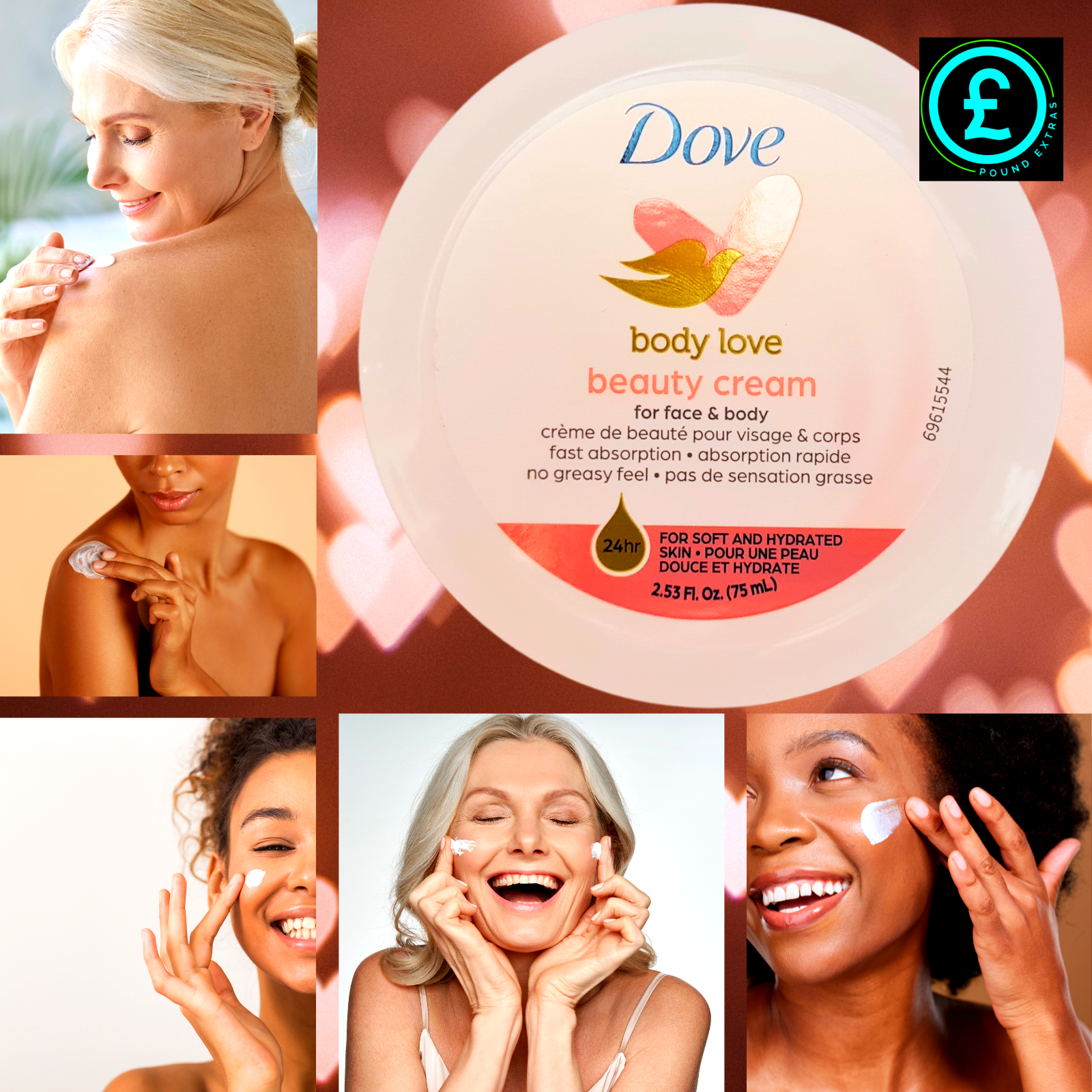 Dove body love beauty cream packaging with people using the product