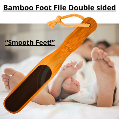 Bamboo foot file with text 'Smooth Feet!' and 'Bamboo Foot File Double sided' on a blurred background of feet.