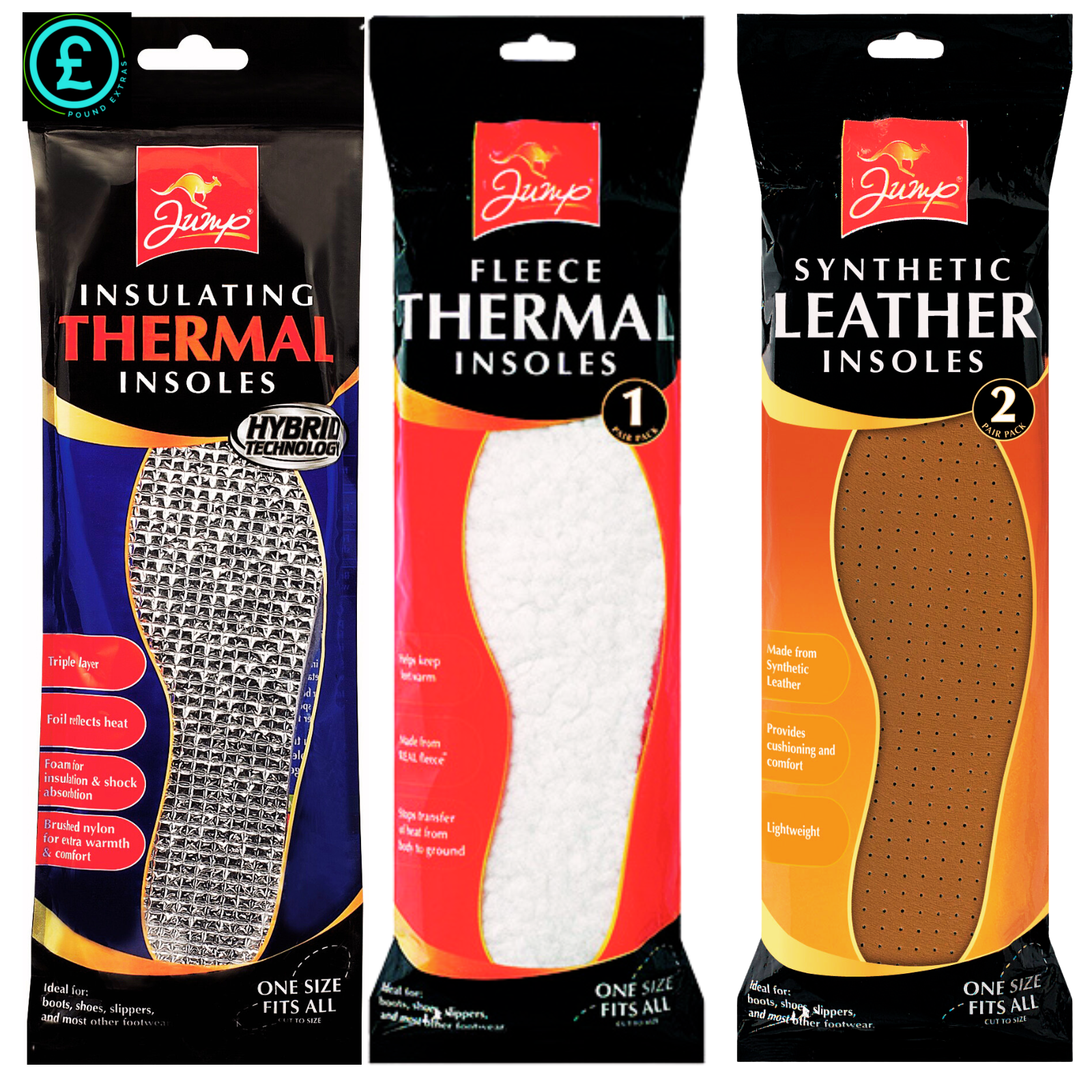 Three packages of Jump brand insoles with different materials and colors.