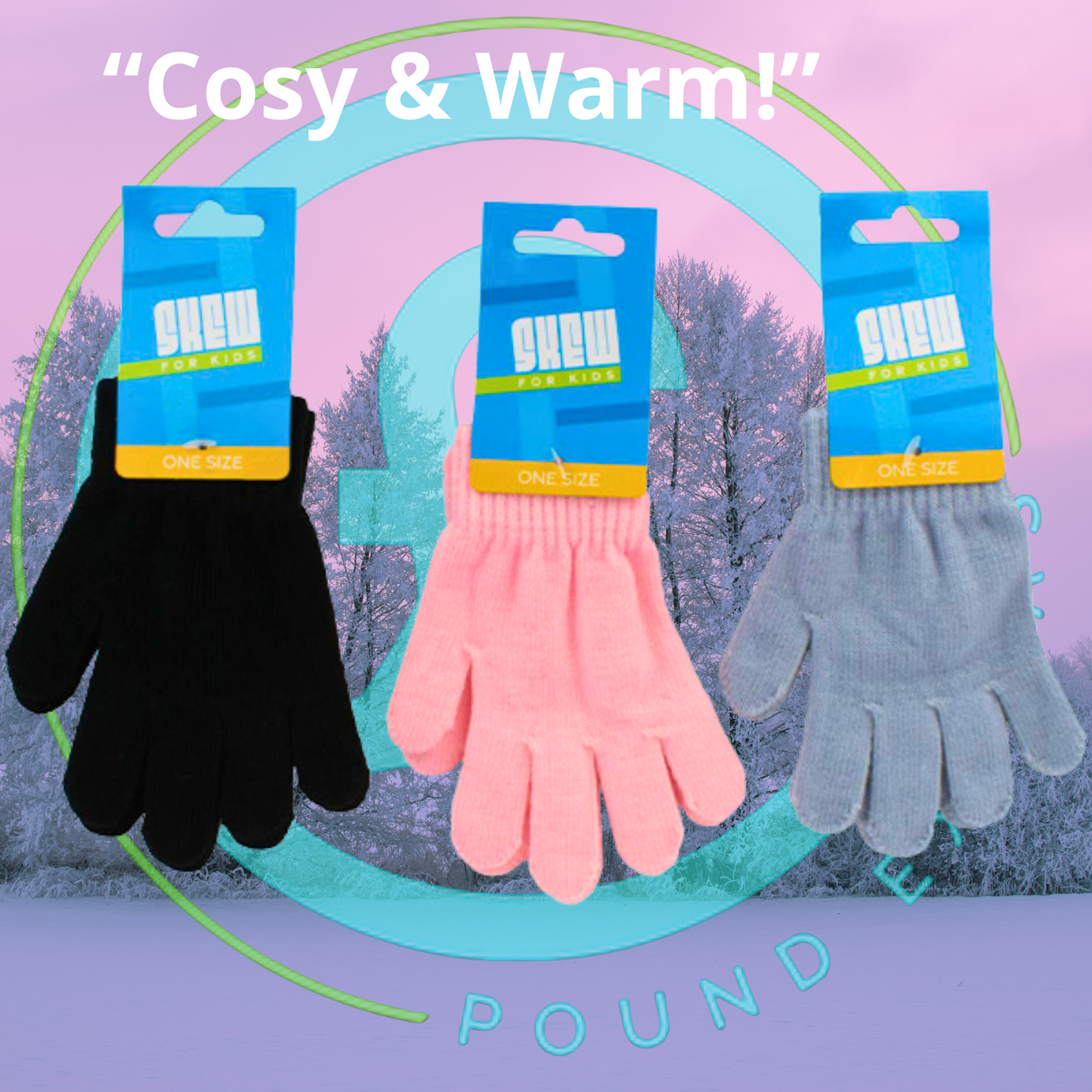 Three pairs of gloves in black, pink, and gray with 'Gloves' packaging on a winter-themed background.