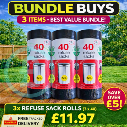 Black Bin Bags TidyZ 50L Refuse Sacks 120 Pack (3 Rolls) Strong Swing Bin Liner1