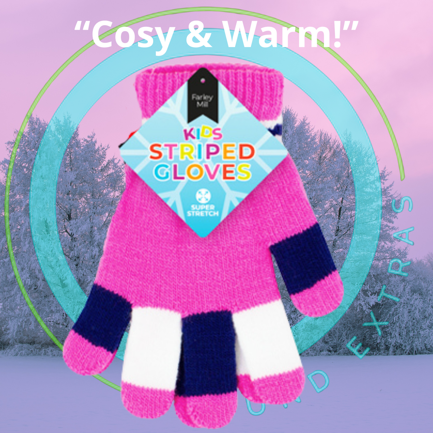 Pink and blue striped gloves with a tag on a winter scene background