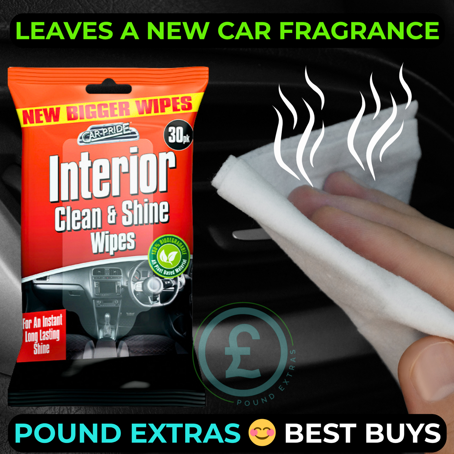 Car Interior Wipes 30 Pack Clean & Shine Dashboard Plastic Biodegradable Fresh1