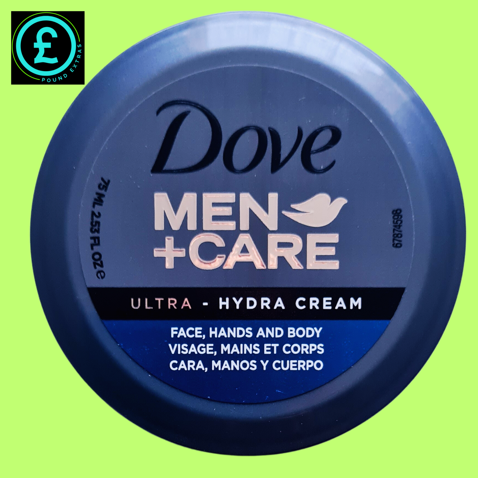Dove Men+Care Ultra Hydra Cream container on a green background