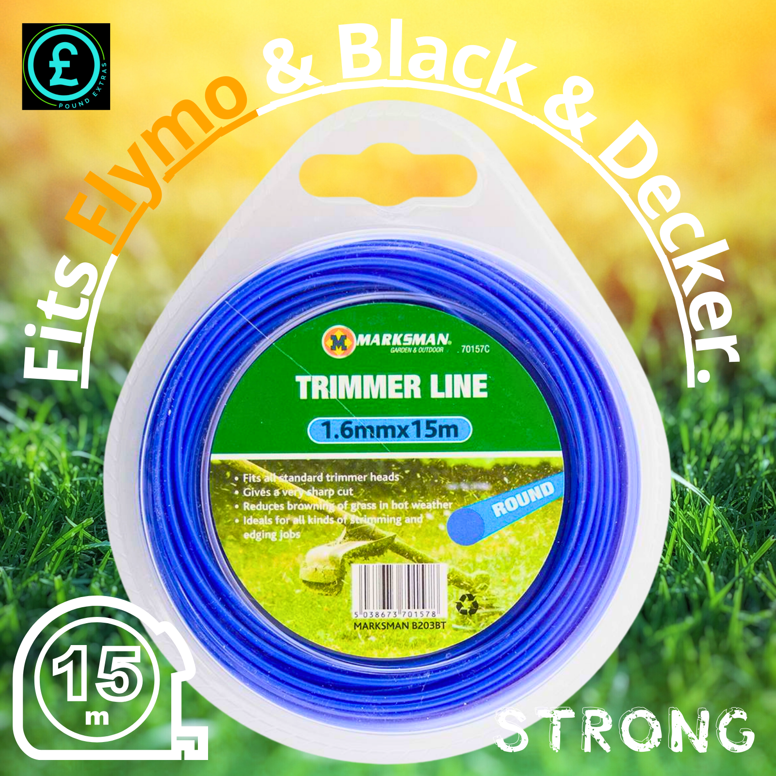 Trimmer line reel with 'Marksman' branding on a grassy background