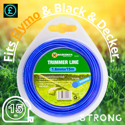 Trimmer line reel with 'Marksman' branding on a grassy background