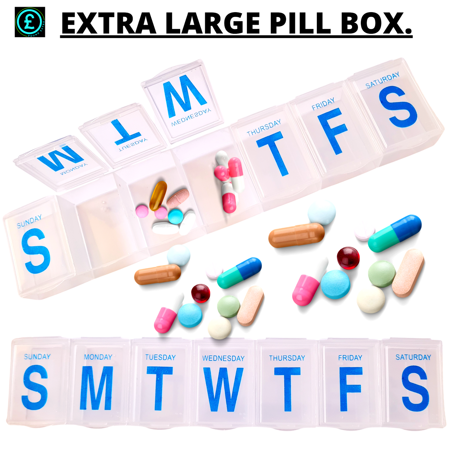 Pill Box vitamin Holder Tablet Container With braille lids 2 X Large 7 X Days6