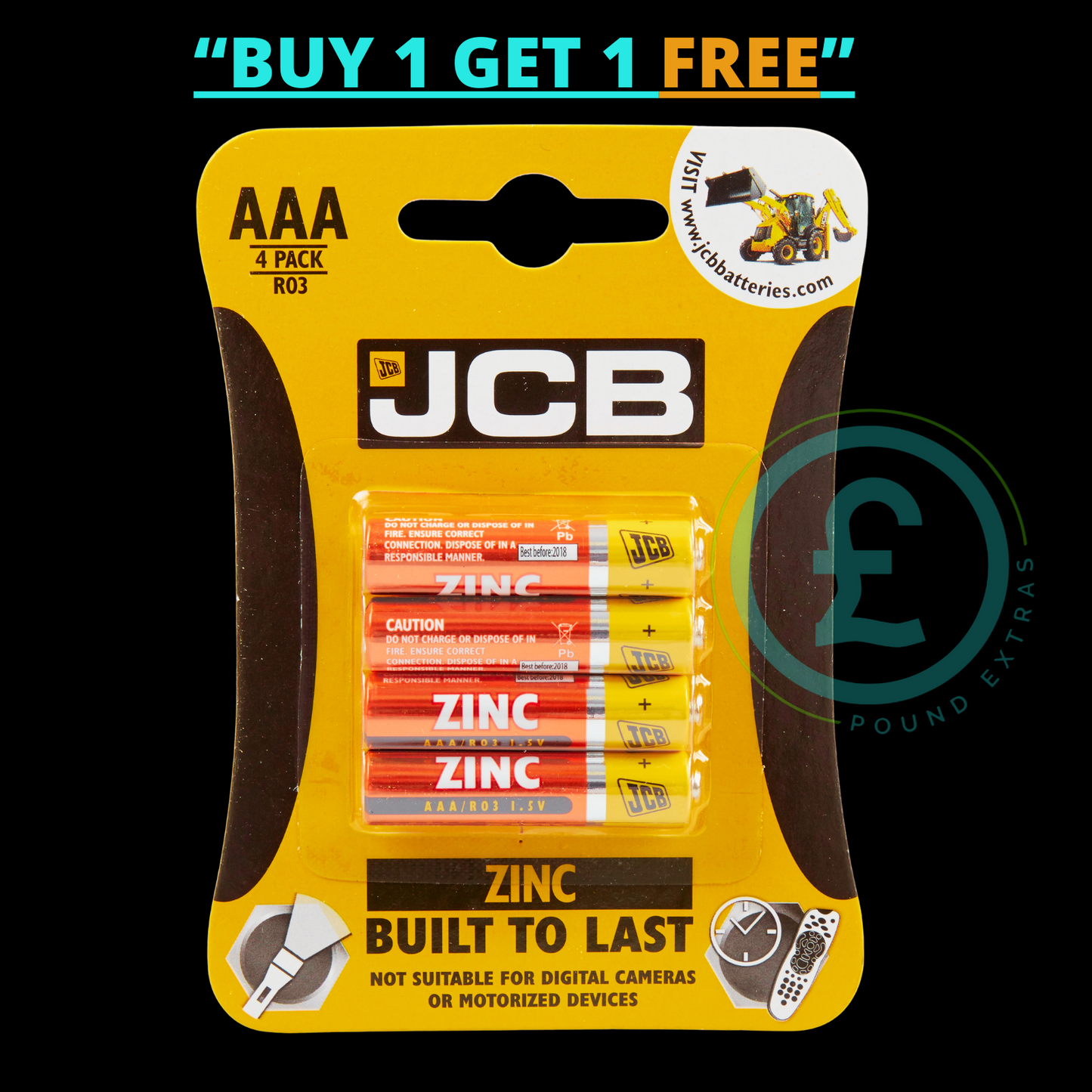  JCB AAA Batteries 4 Pack Zinc R03 1.5V Long Life Power BUY 1 GET 1 FREE2
