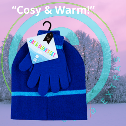 Blue hat and gloves set on a hanger with a snowy background and 'Cosy & Warm!' text.