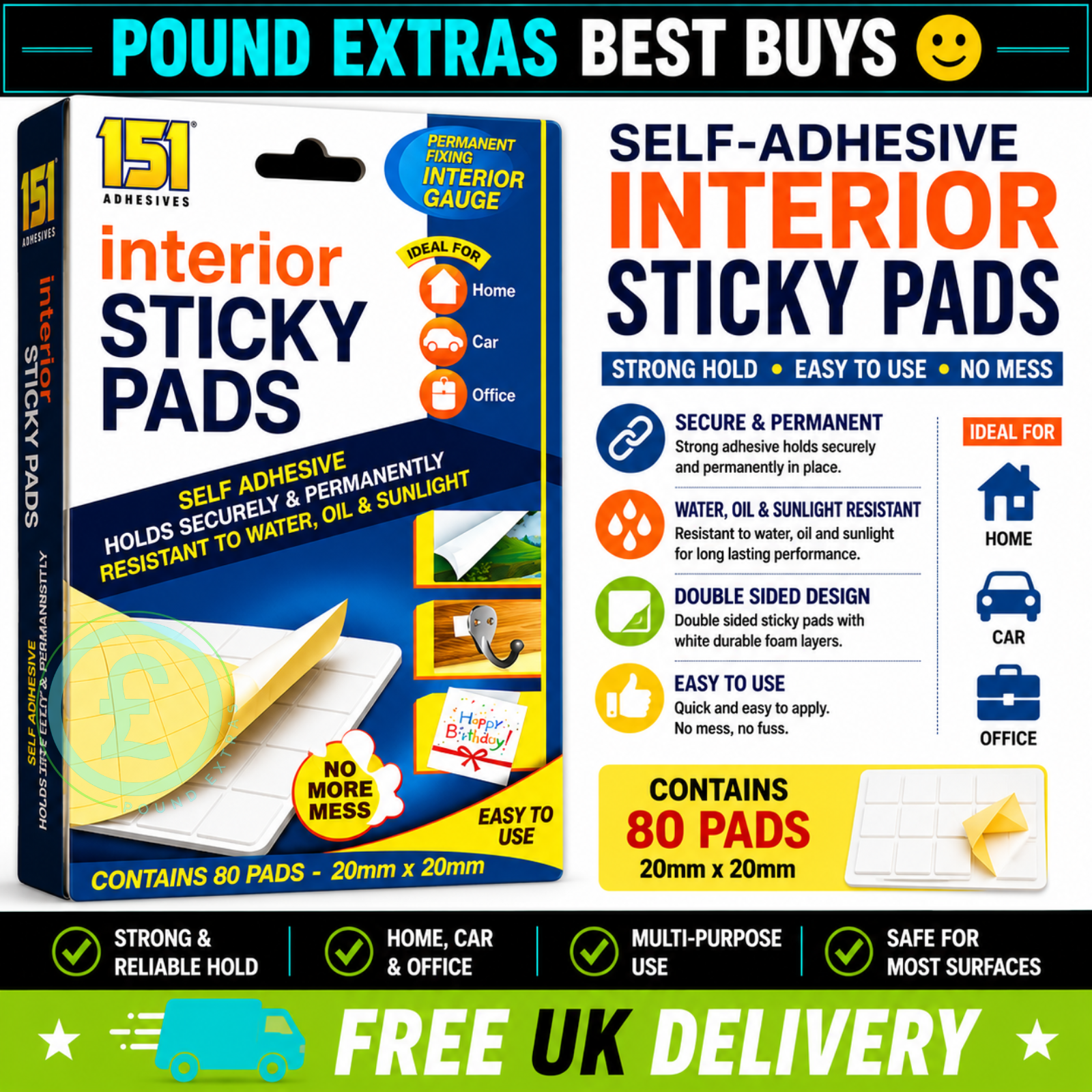 Interior Sticky Pads 80 Pack Double Sided Adhesive Strong Hold Home Car 0