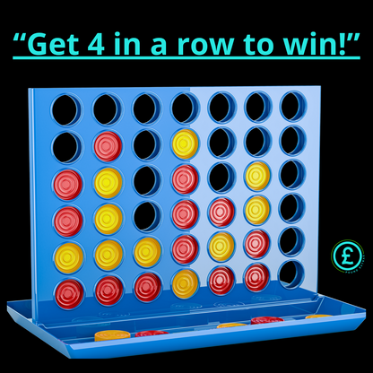 Board game with red, yellow, and black circular pieces on a blue stand against a black background.