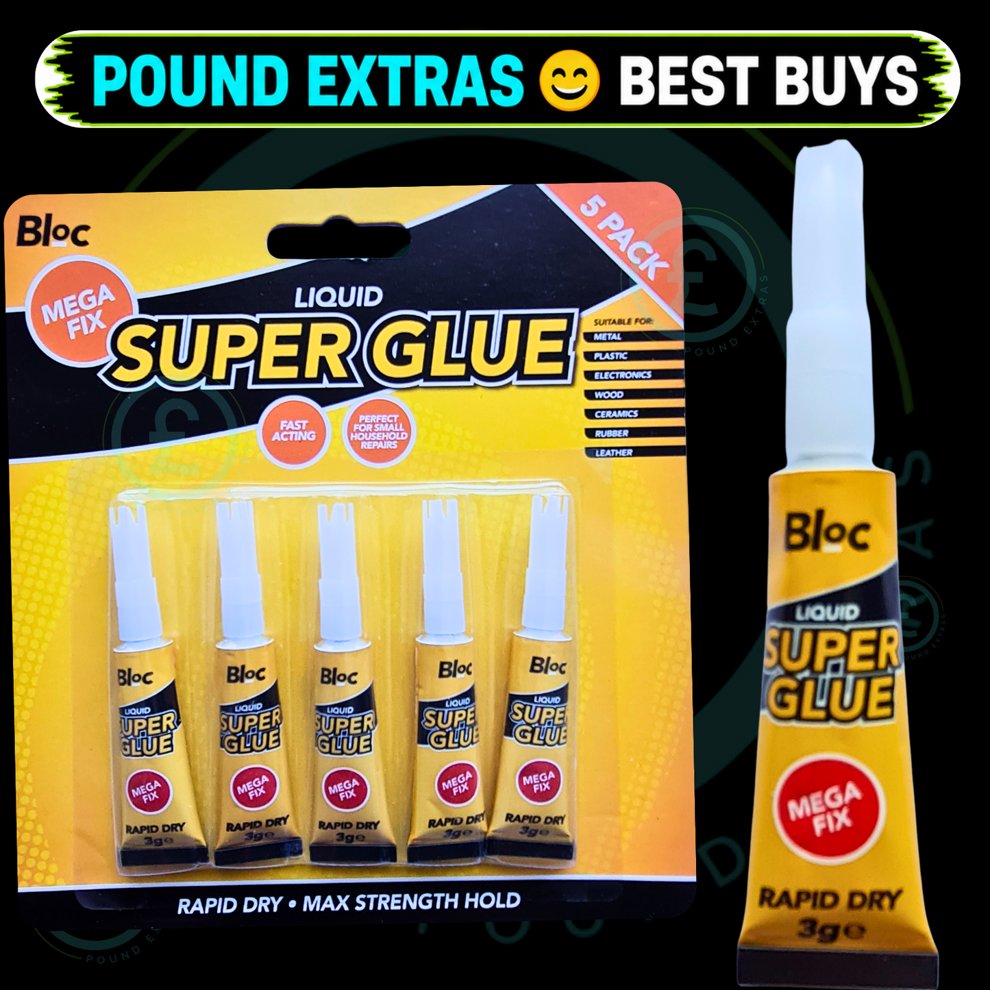 Super Glue Liquid 3g Tubes 5 Pack Bloc Fast Acting Strong Adhesive Bond DIY 0