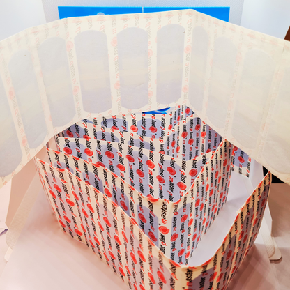 Patterned underwear with a white garment over it, on a light background