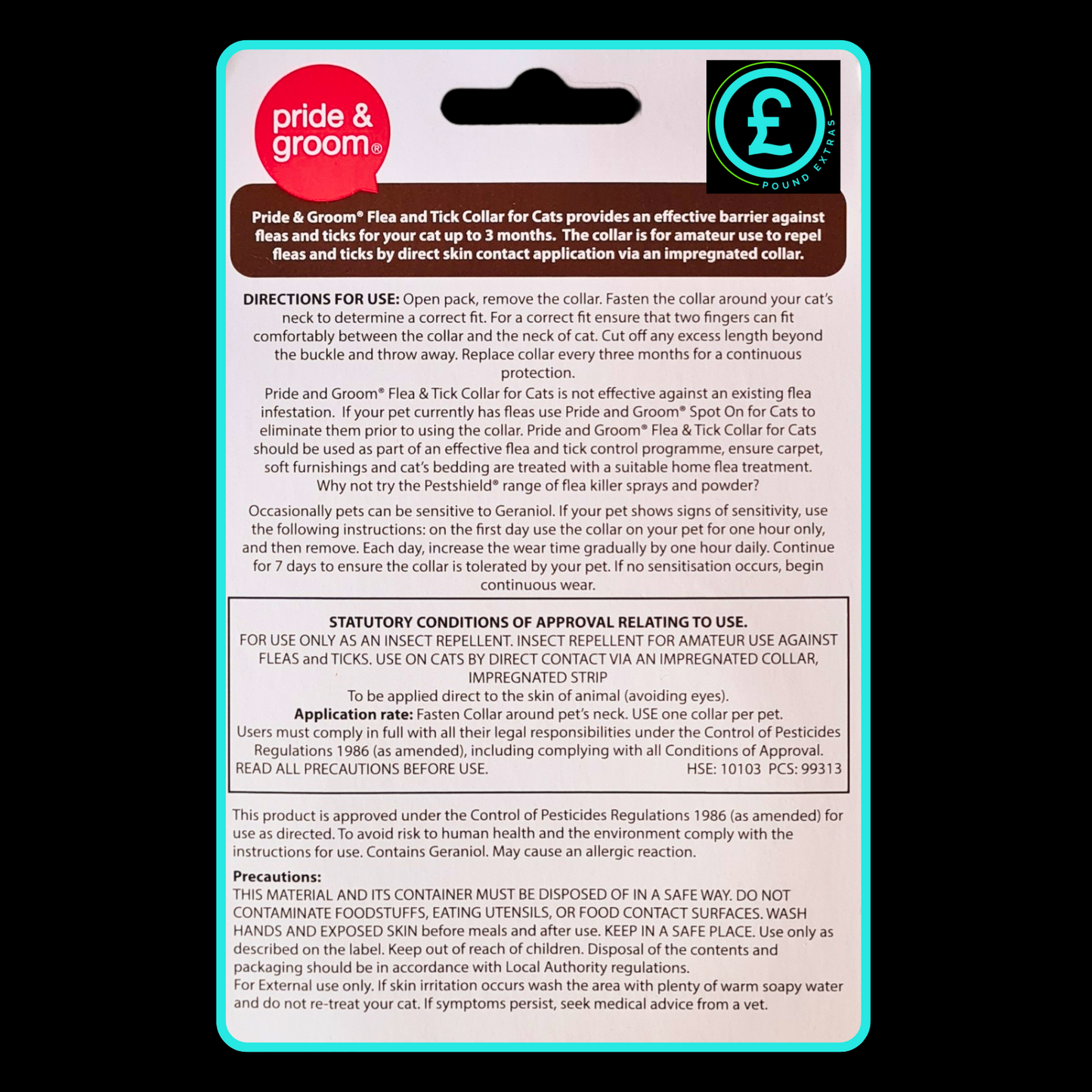 Pride & Groom flea and tick collar for cats packaging with text and branding.