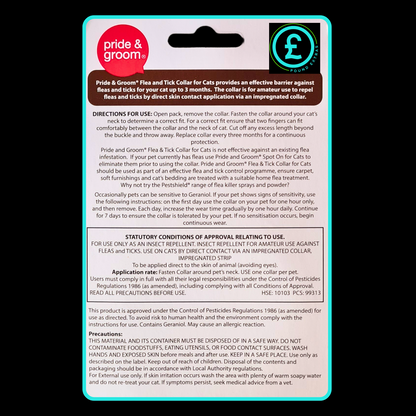 Pride & Groom flea and tick collar for cats packaging with text and branding.