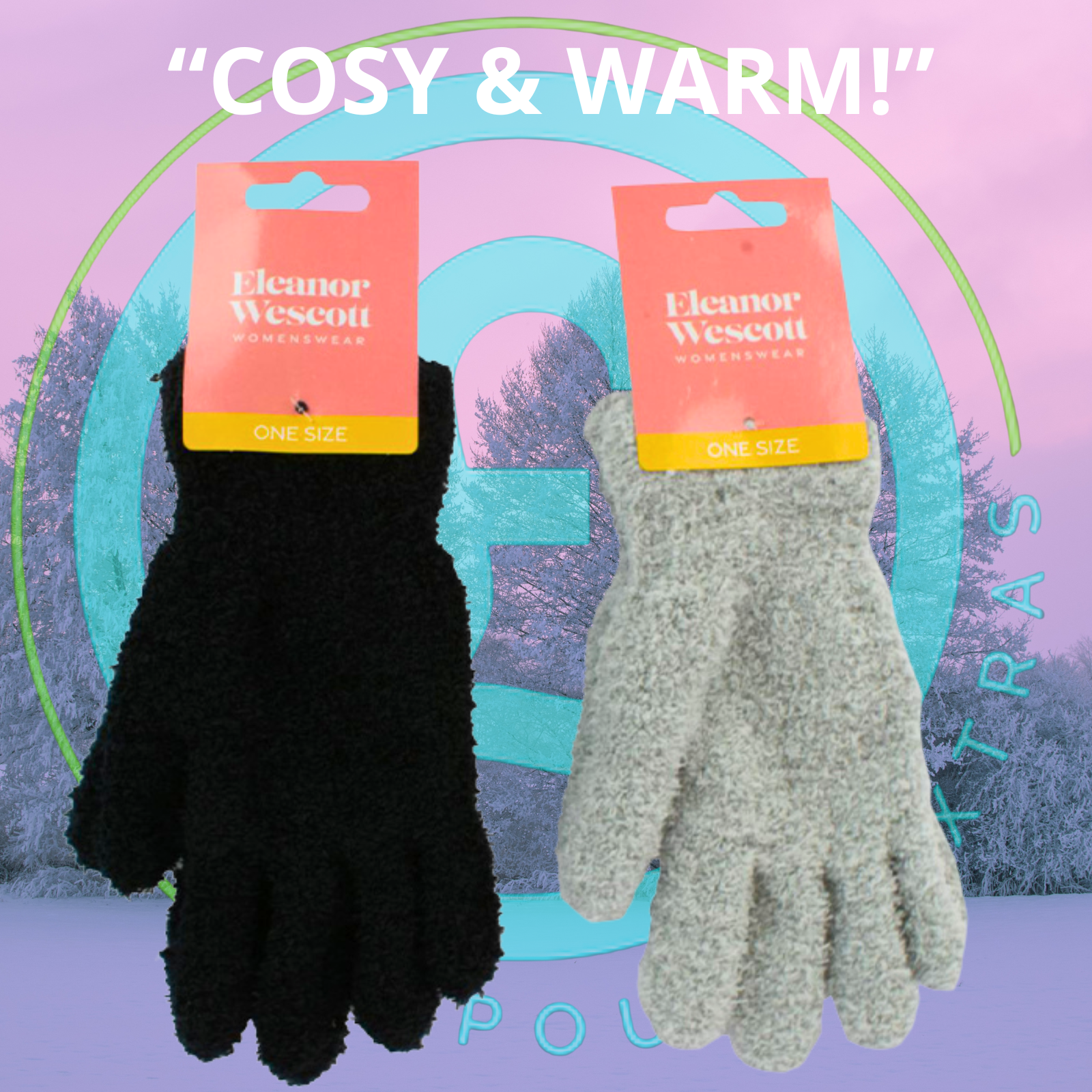 Black and gray gloves with Eleanor Wescott packaging on a colorful abstract background