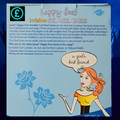 Box of Happy Feet invisible gel heel liners with cartoon illustration and text on a blue background