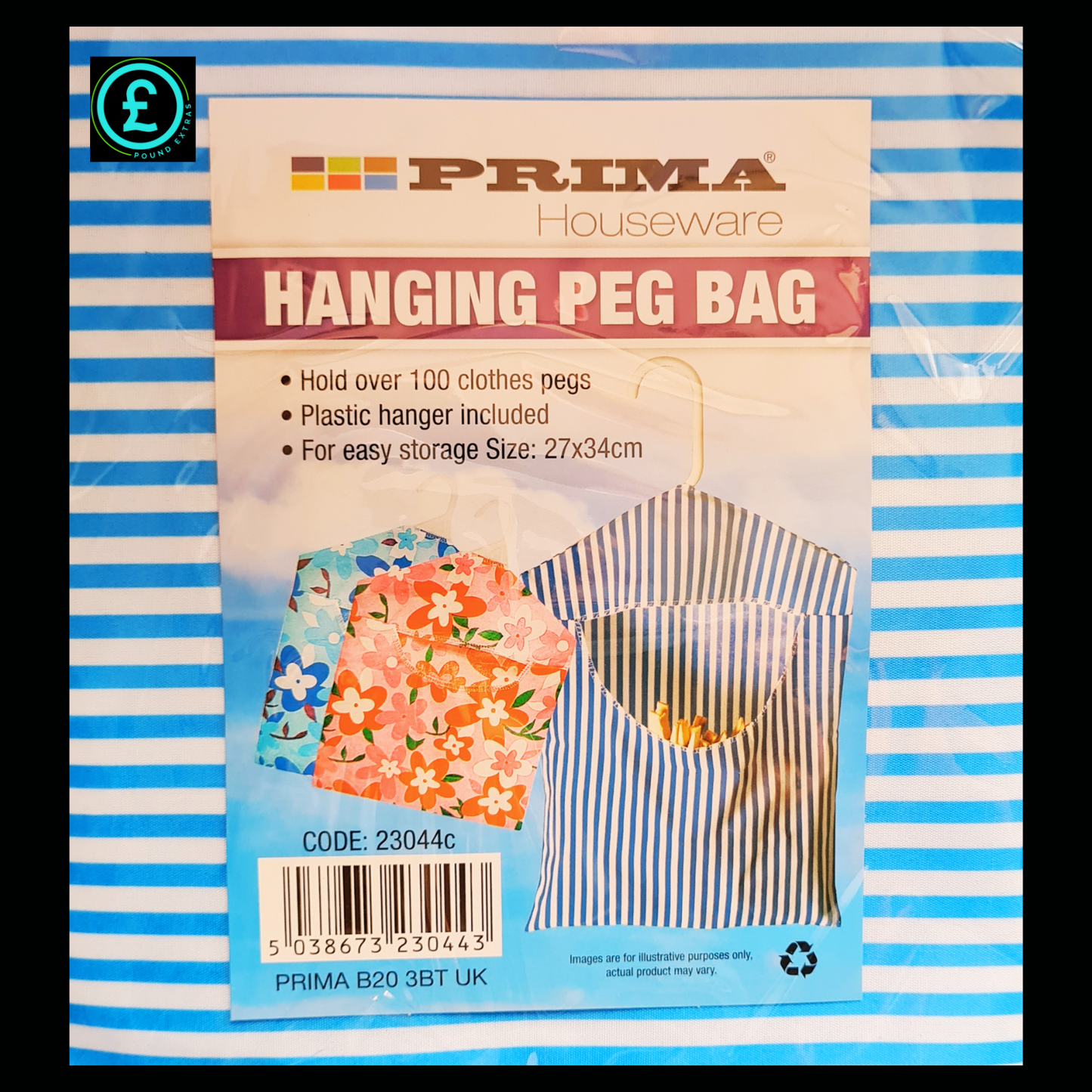 Packaging of a Prima Houseware hanging peg bag with blue and white striped border.