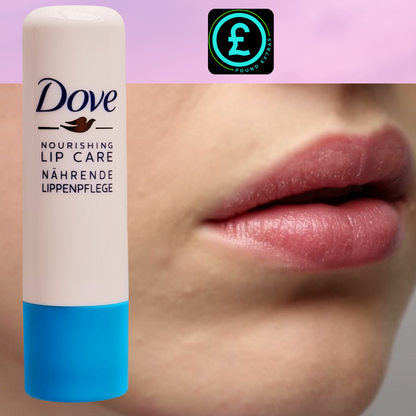 Dove lip balm with a close-up of lips wearing the product against a purple background.