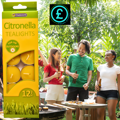 Citronella tealights packaging with people outdoors enjoying a barbecue.