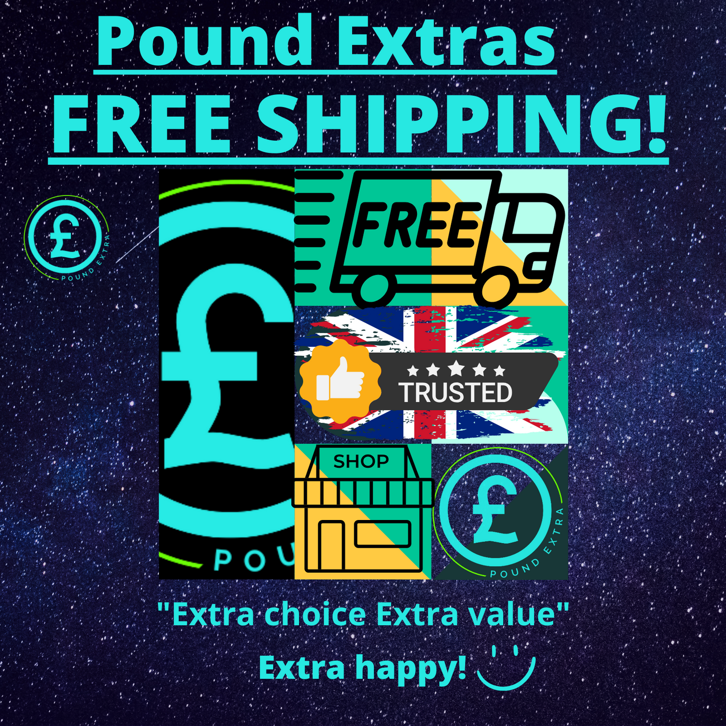 Promotional graphic with Pound symbol, truck icon, and text on a dark space-themed background