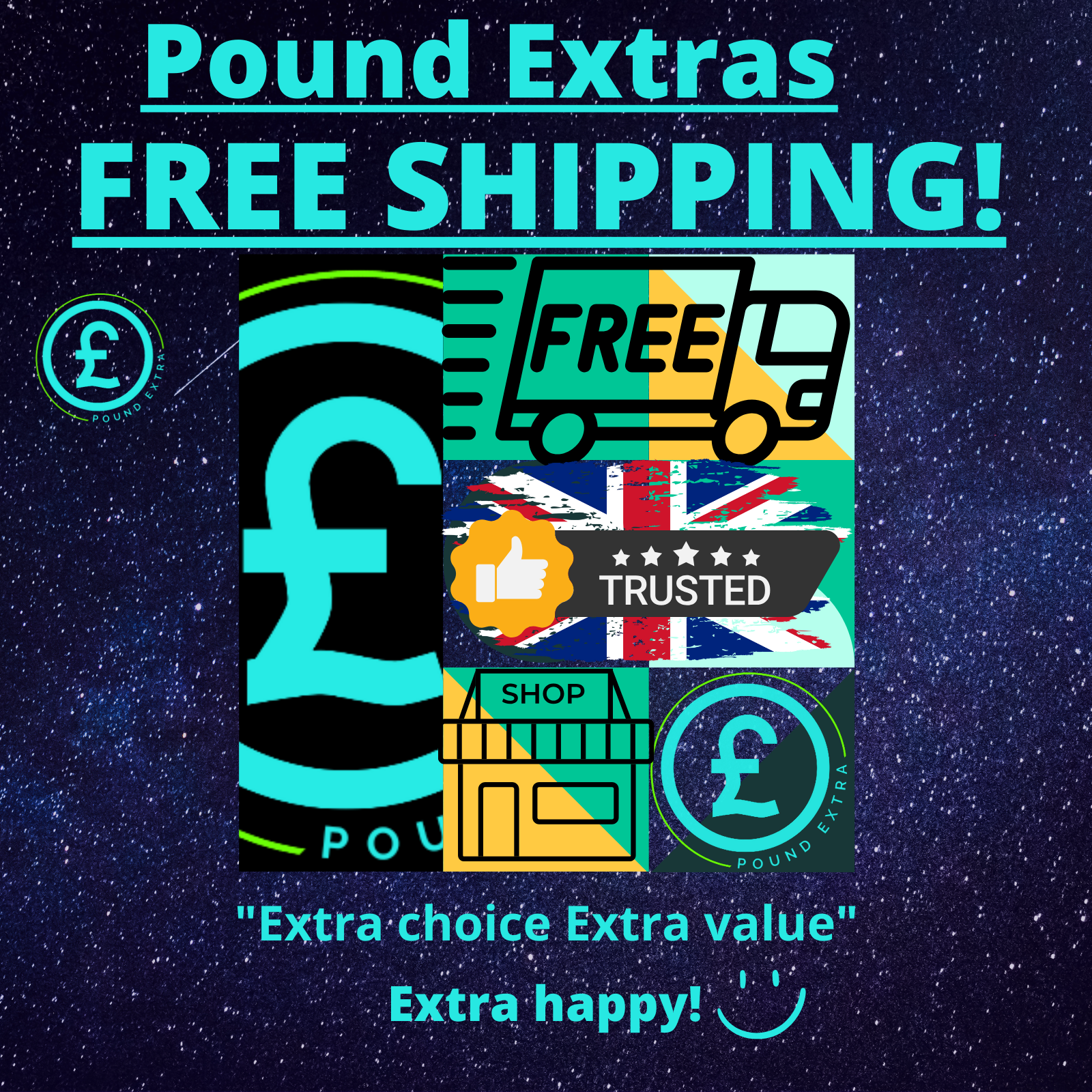 Promotional graphic with Pound symbol, truck icon, and text on a dark space-themed background