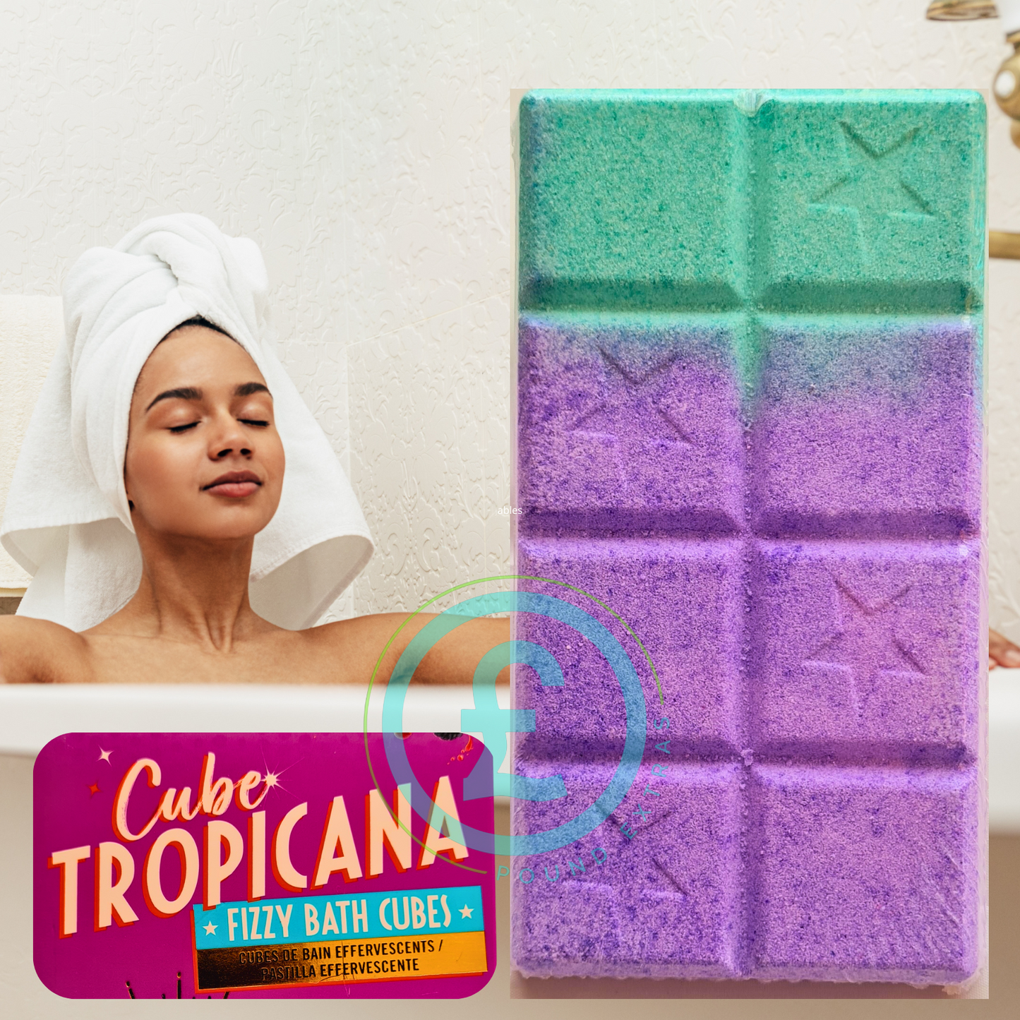 Woman with a towel on her head next to a colorful bath bomb and Tropicana brand packaging.