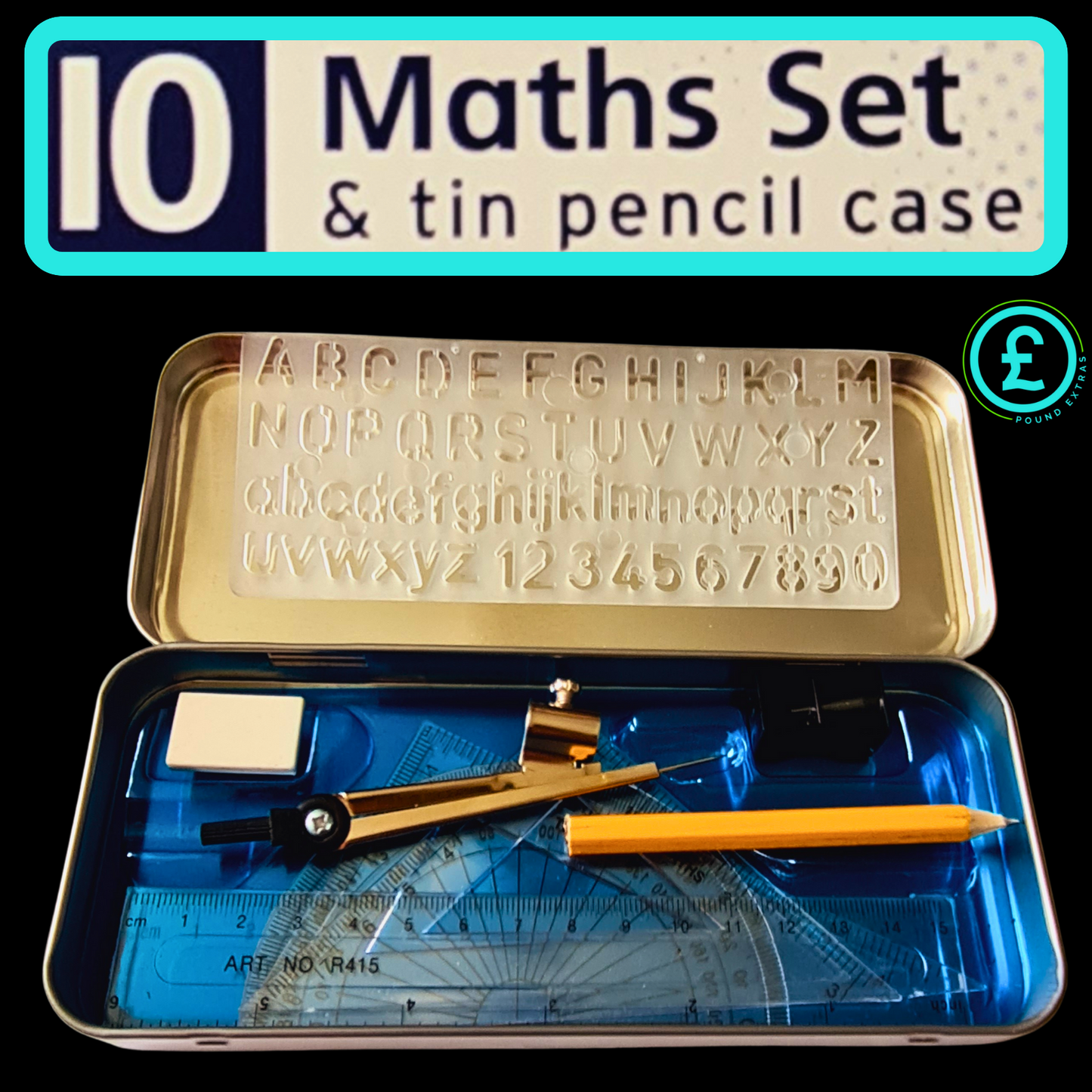 Maths set with compass, ruler, and pencil in a tin pencil case on a black background