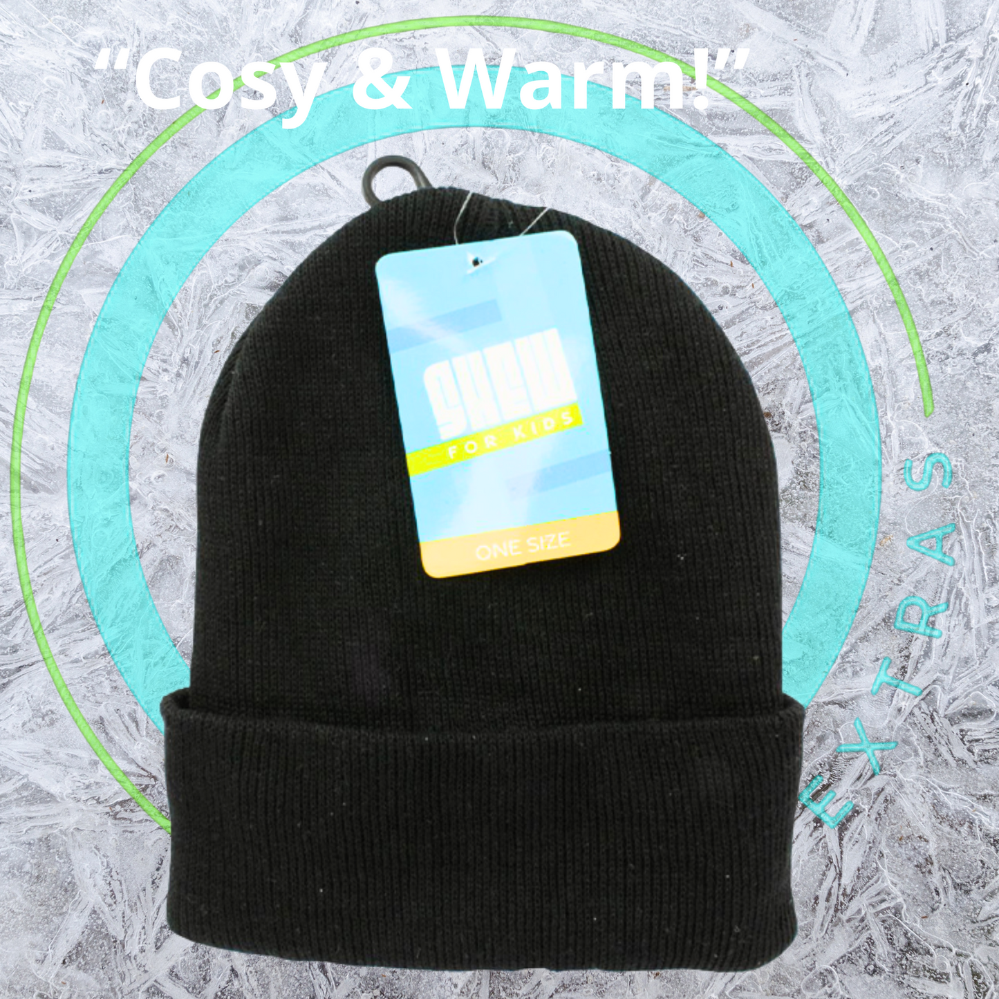 Black beanie with a tag on a textured gray background, labeled 'Cosy & Warm'.