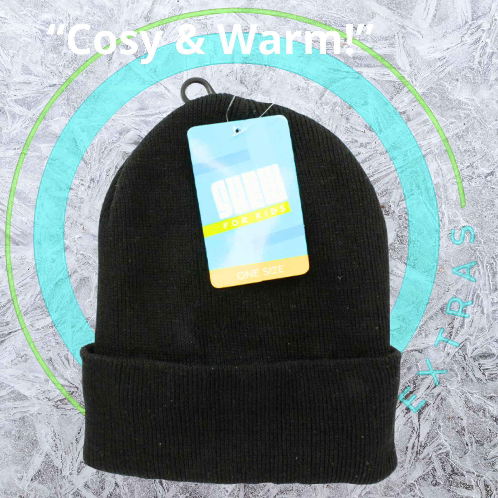 Black beanie with a tag on a textured gray background, labeled 'Cosy & Warm'.