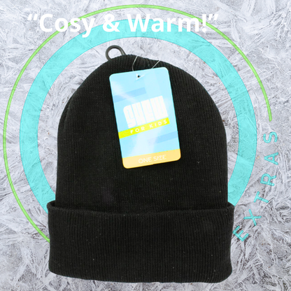 Black beanie with a tag on a textured gray background, labeled 'Cosy & Warm'.