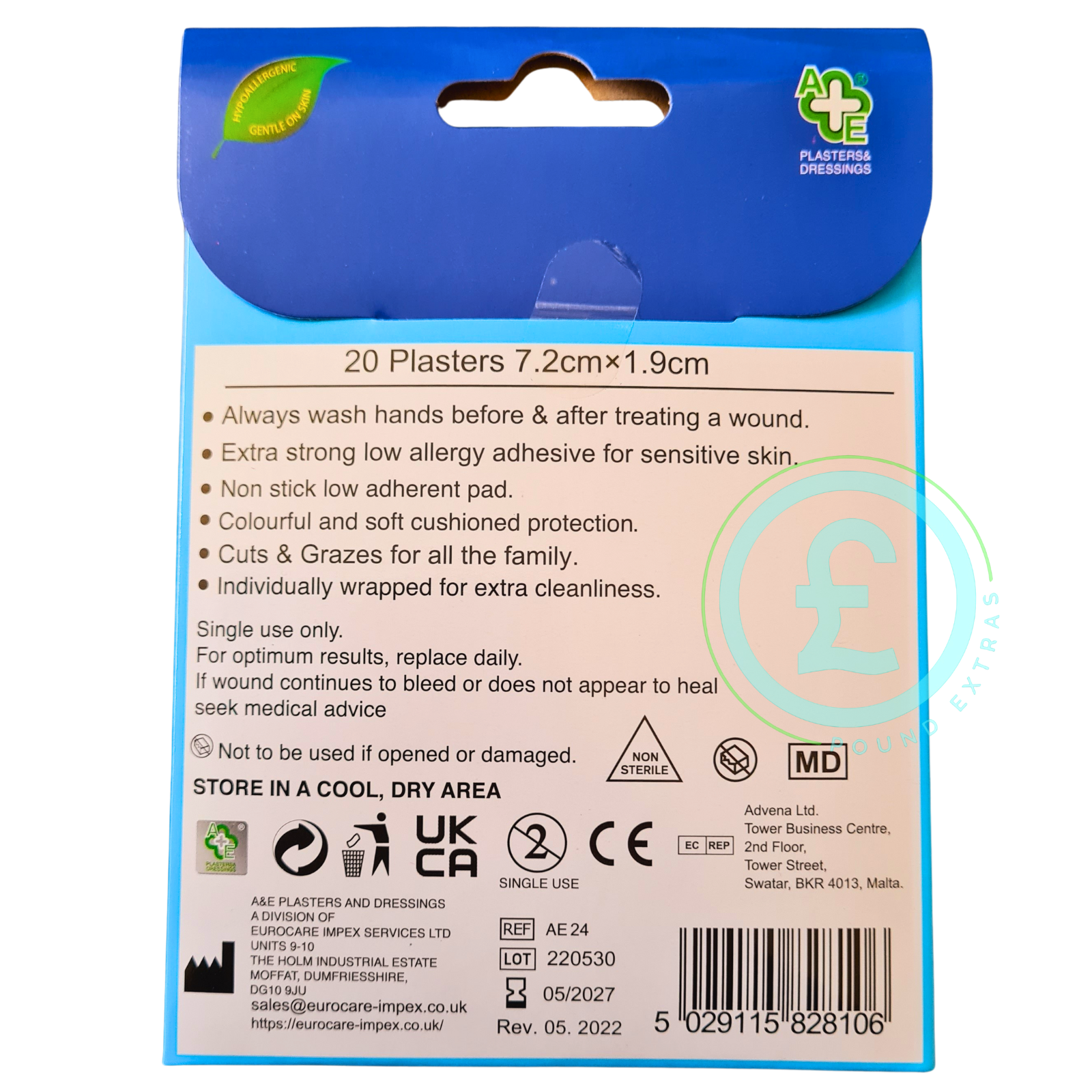 Back of a plaster packaging with text and branding on a white background