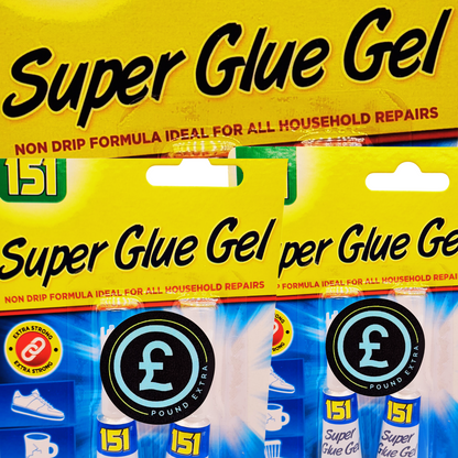 Super Glue Gel packaging with yellow and blue design