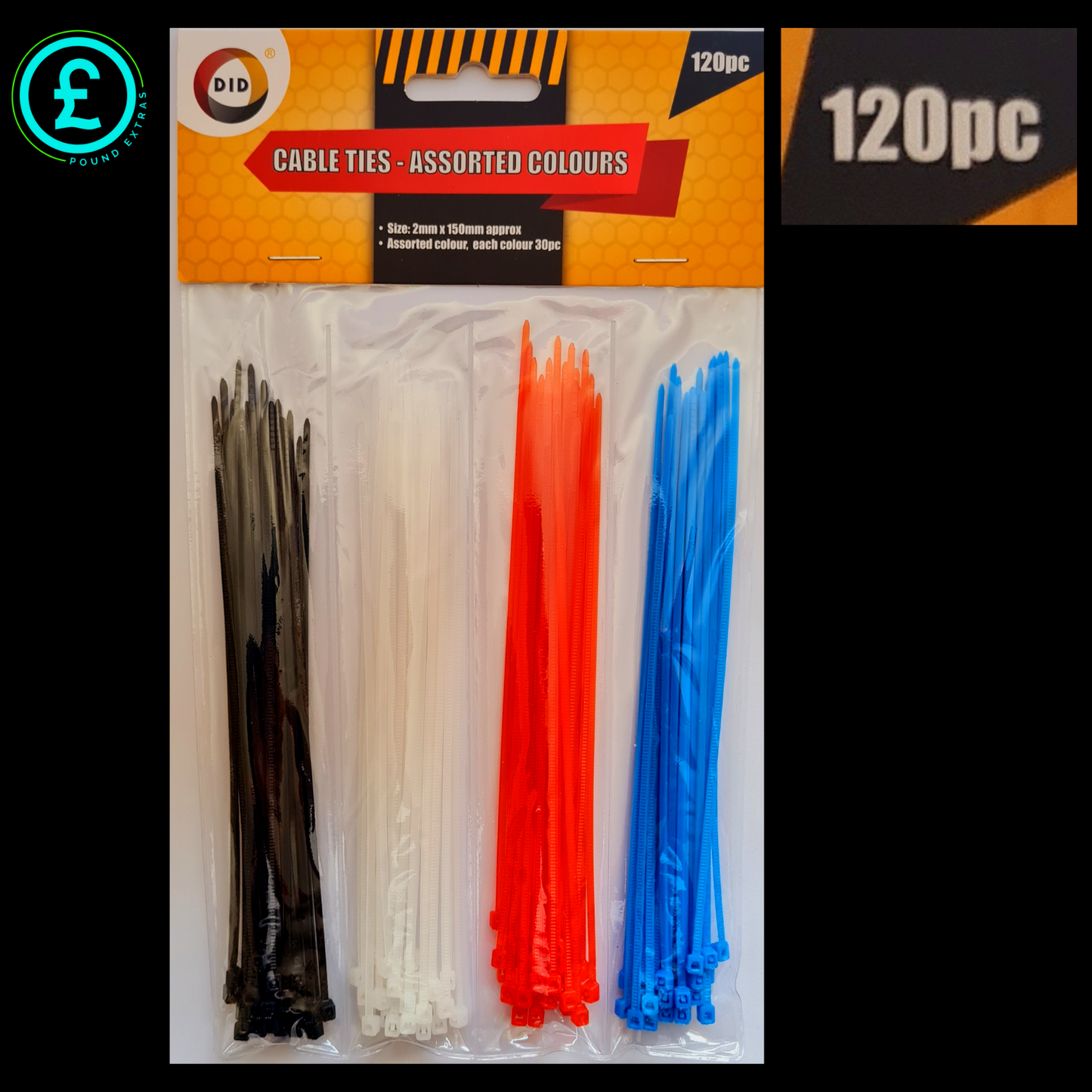 Packaged cable ties in assorted colors with packaging displaying '120pc' and brand logo.