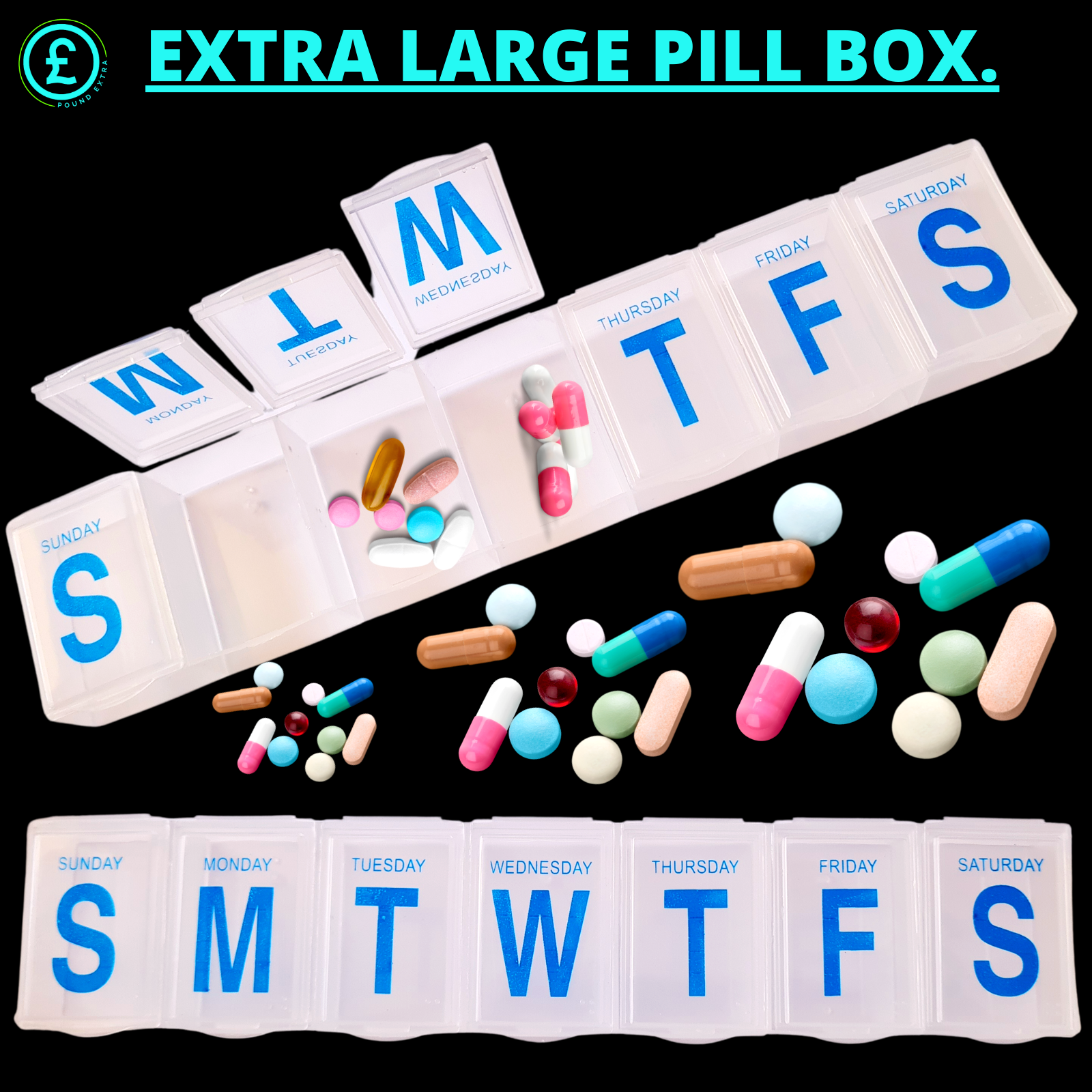 Pill Box vitamin Holder Tablet Container With braille lids 2 X Large 7 X Days4