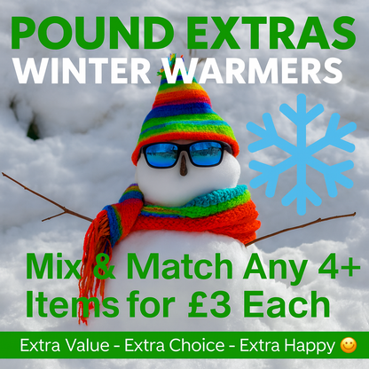 Snowman wearing a colorful hat and scarf with promotional text about Pound Extras Winter Warmers.
