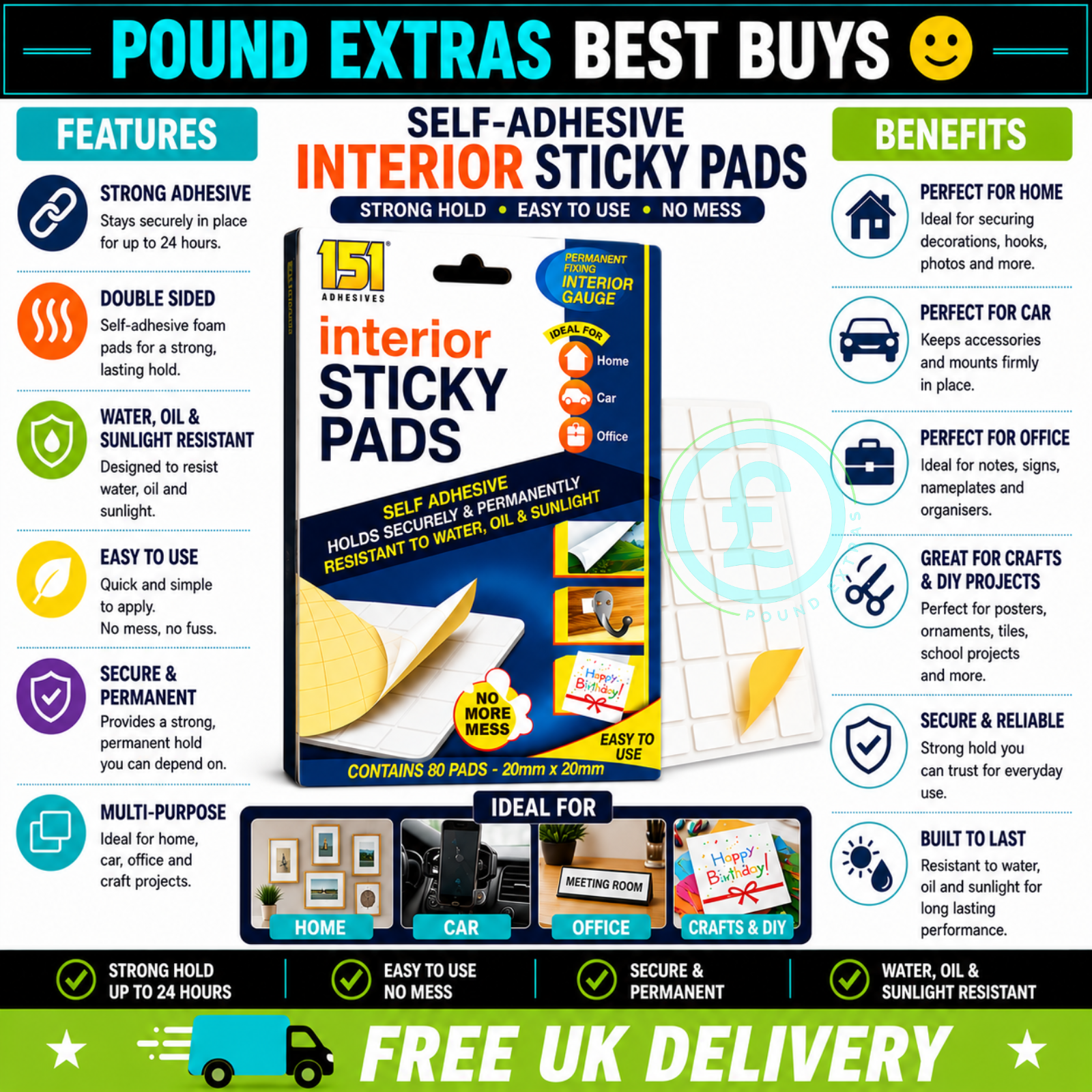 Interior Sticky Pads 80 Pack Double Sided Adhesive Strong Hold Home Car 1