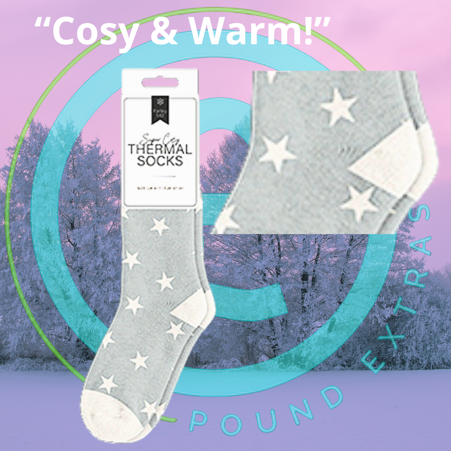 Gray thermal socks with star patterns on a colorful background with text 'Cosy & Warm!'.