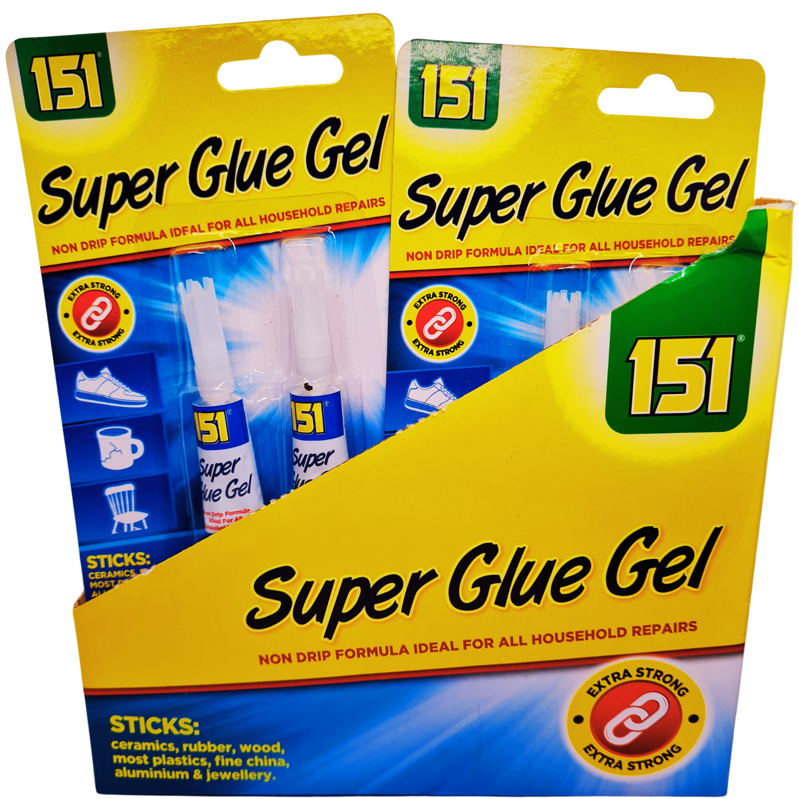 Two packages of 151 Super Glue Gel on a white background