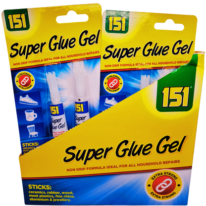 Two packages of 151 Super Glue Gel on a white background