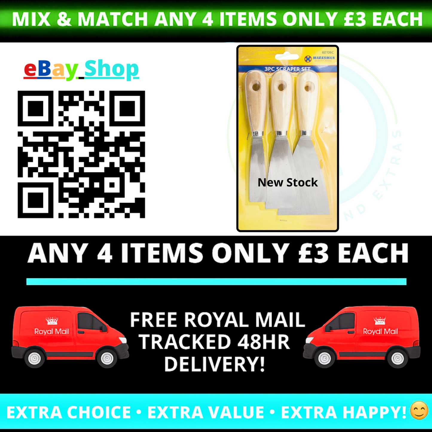 Promotional image for eBay Shop with tools, a QR code, and Royal Mail delivery text.