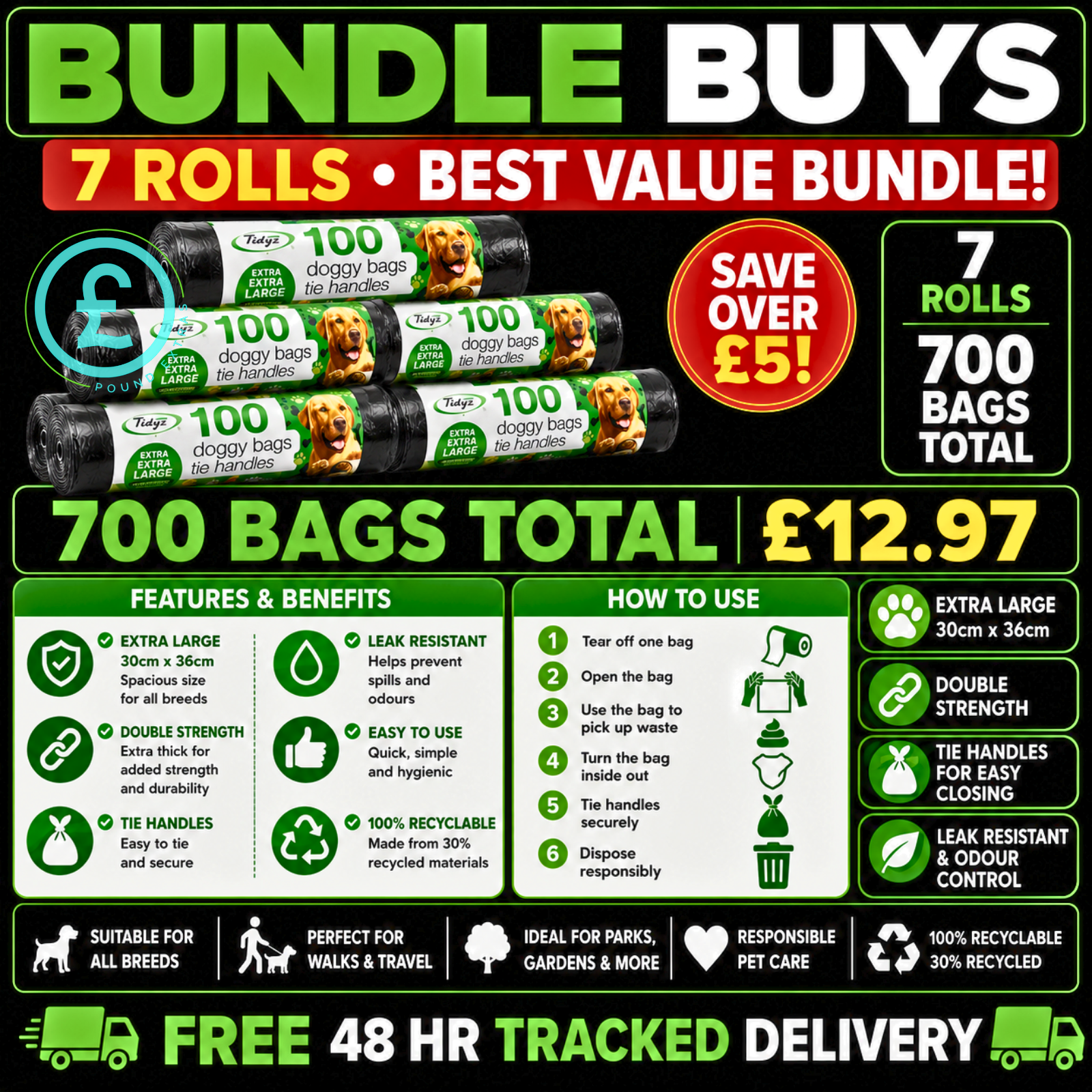 Doggy Bags 700 Pack Bundle Extra Large Tie Handle Dog Waste Bags 2